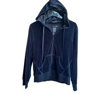 Sideways Black Velour Zip Front Y2K Satin Lined Hoodie Kangaroo Pockets Large